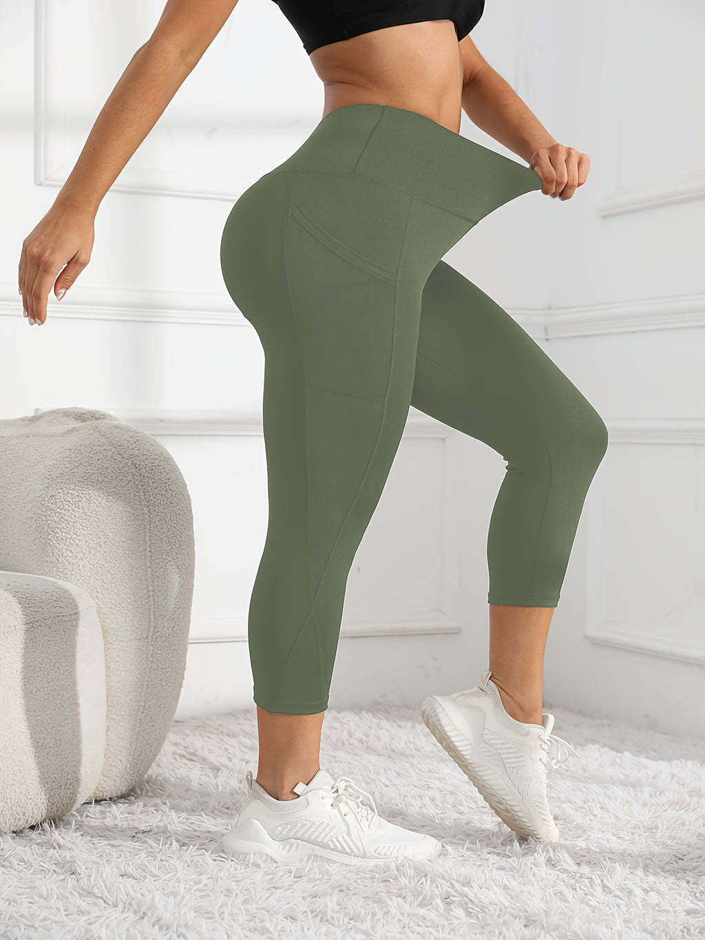 Women's High-Waisted 7/8 Length Leg Workout Leggings - Full-Length Leg Muscle-Building Gym Pants with Pockets, Solid Green Yoga Pants for Cycling, Pilates, Training | All-Season Fitness Pants with 7/8th Leg Coverage, Smooth T