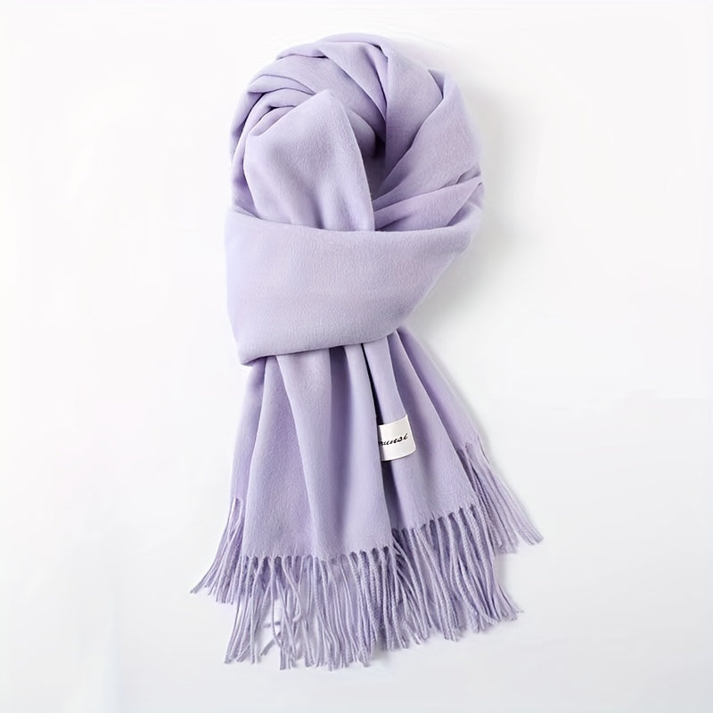 Solid Color Tassel Scarf, Hand Wash Only, Elegant Fringe Shawl for Women, Fashion Accessory
