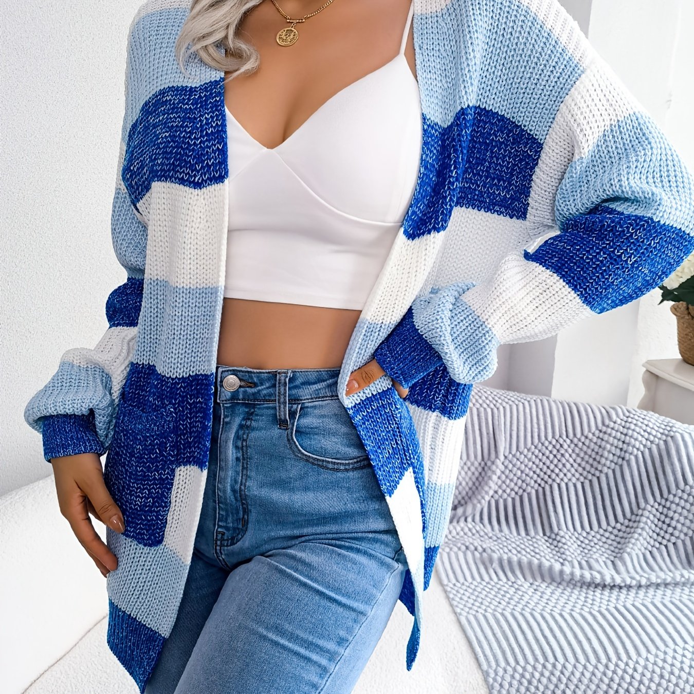 Striped Colorblock V-neck Cardigans, Casual Loose Drop Shoulder Long Sleeve Fall Winter Knit Cardigan, Women's Clothing