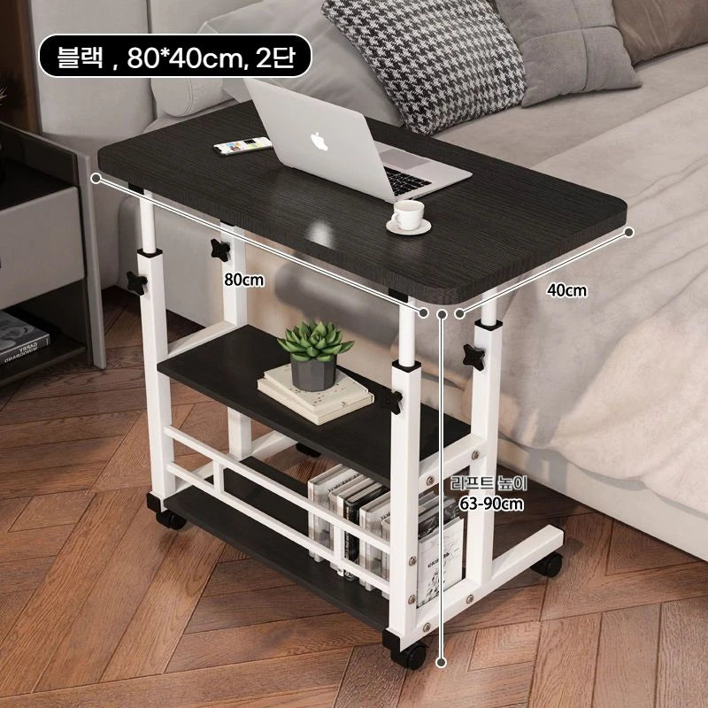 Double-Layer Office Desk Movable Bedside Computer Lazy Table with storage shelf Laptop white Bedroom Desk lift table furniture