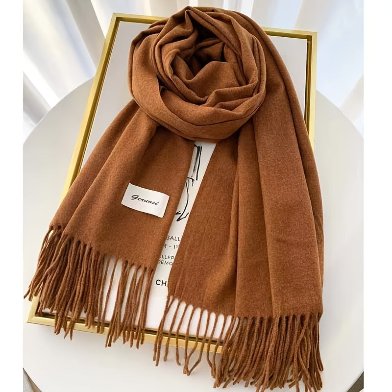 Solid Color Tassel Scarf, Hand Wash Only, Elegant Fringe Shawl for Women, Fashion Accessory