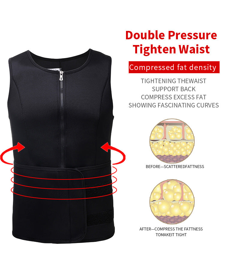 TKPARK Men's Adjustable Compression Tank Top & Waist Trainer - High-Elasticity Workout Shirt with Back Support, Sleeveless Gym Shaper Vest, Zipper Closure & Belt for Fitness Training, Fitness Compression Wear | Sleeveless Tan