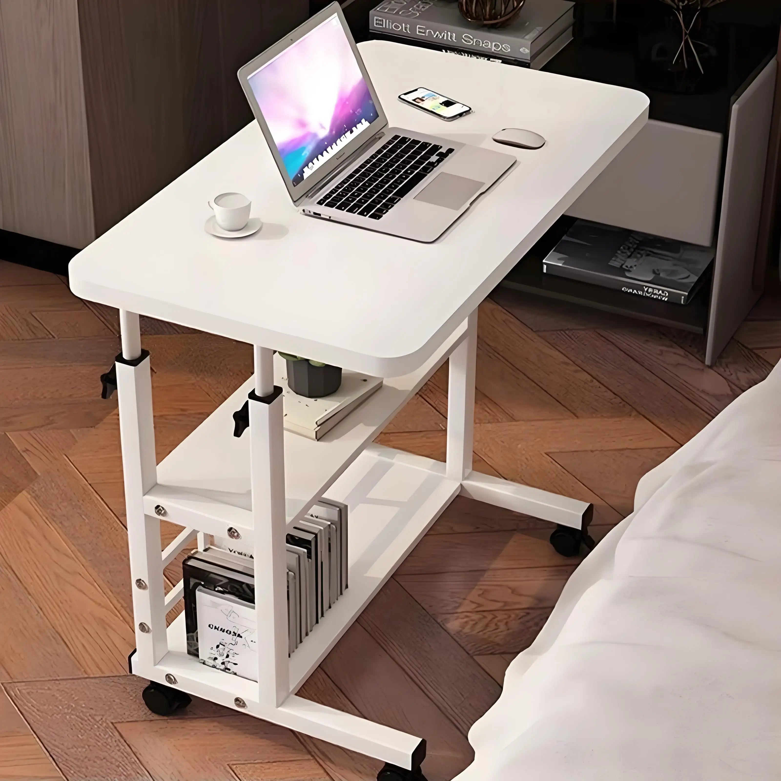 Double-Layer Office Desk Movable Bedside Computer Lazy Table with storage shelf Laptop white Bedroom Desk lift table furniture