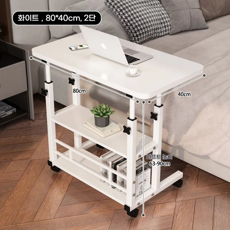 Double-Layer Office Desk Movable Bedside Computer Lazy Table with storage shelf Laptop white Bedroom Desk lift table furniture