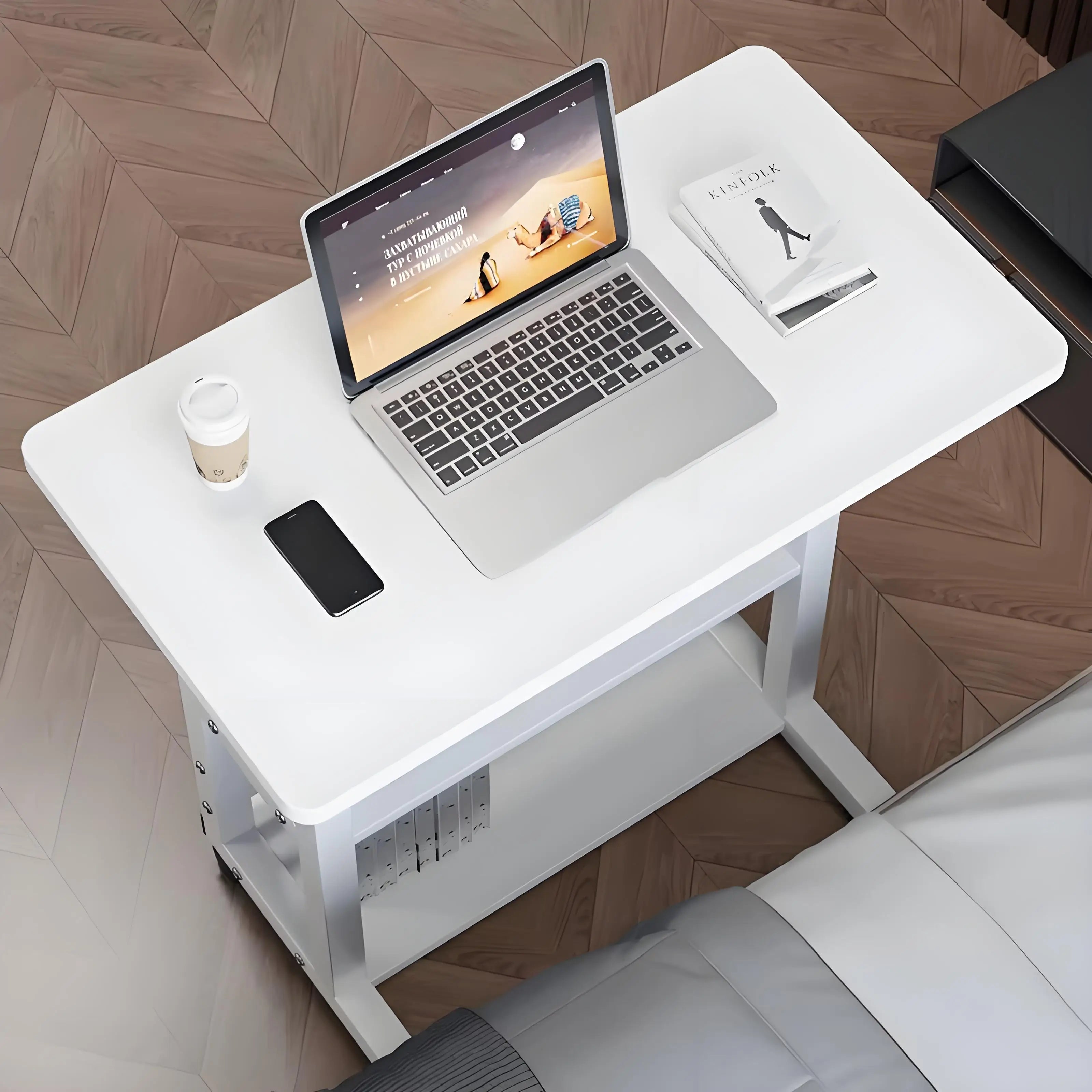 Double-Layer Office Desk Movable Bedside Computer Lazy Table with storage shelf Laptop white Bedroom Desk lift table furniture