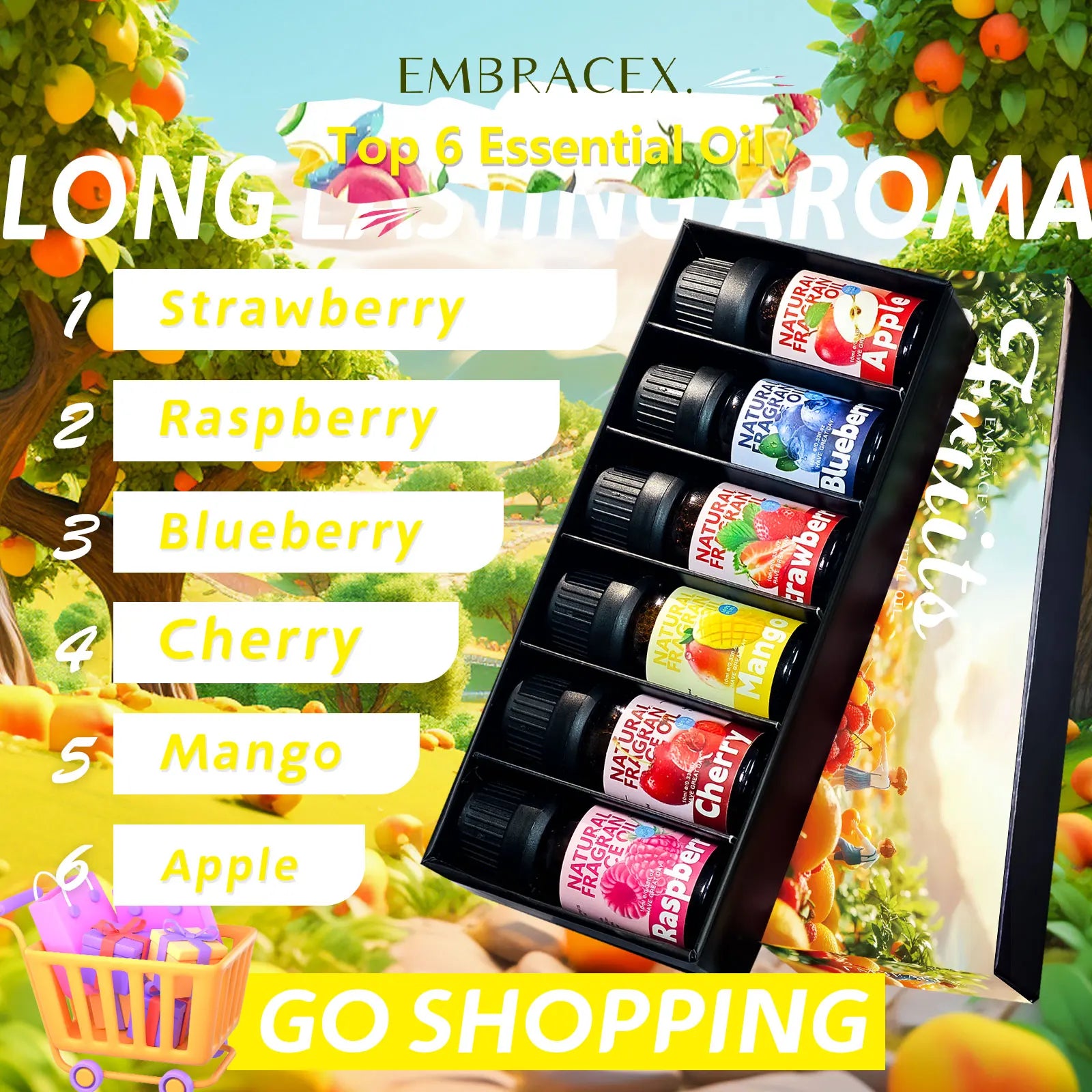 6PCS 10ML Fruits Essential Oils perfume woman MINI PERFUMES SET cologne-Mango Apple Cherry Strawberry Blueberry Raspberry