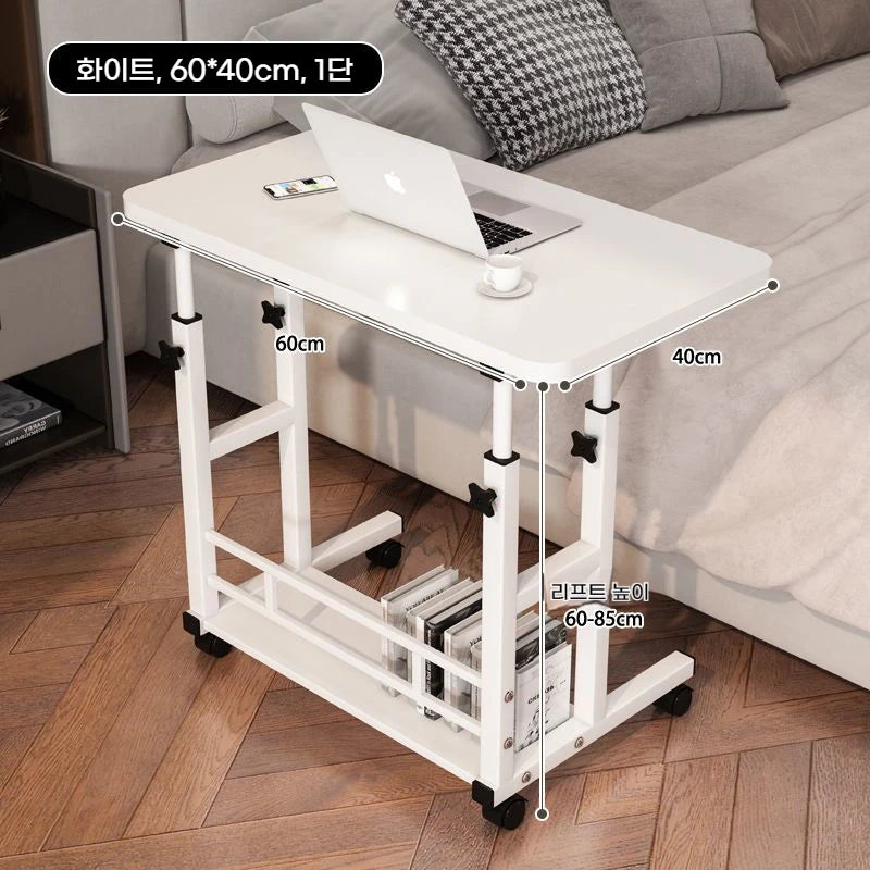 Double-Layer Office Desk Movable Bedside Computer Lazy Table with storage shelf Laptop white Bedroom Desk lift table furniture